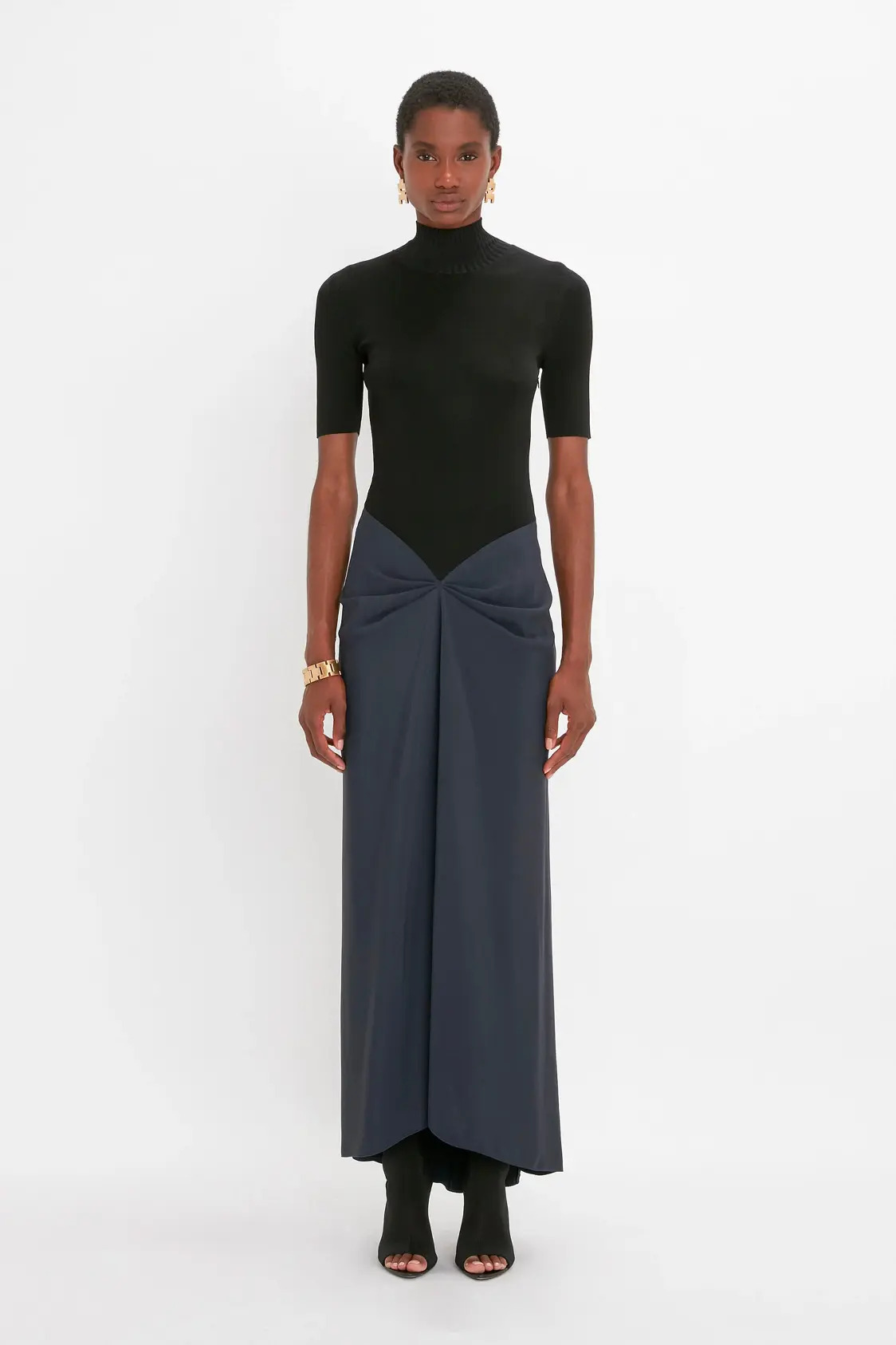 Polo Neck Gathered Dress In Midnight